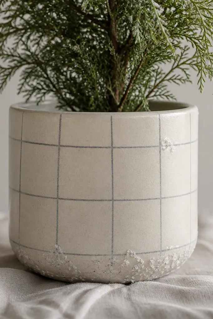 A cream pot with thin gray-blue grid lines forming rectangles, with small irregular "snow flecks" in the corners and along the lower edge.