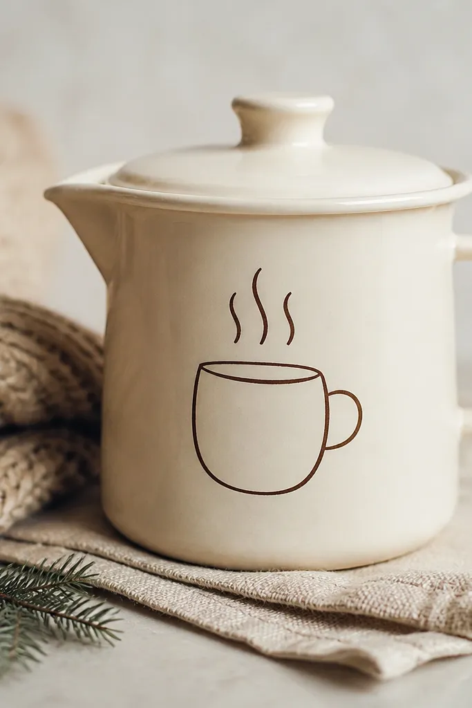 A cream pot with a simple brown mug outline and three soft steam swirls above it, like a winter drink illustration.