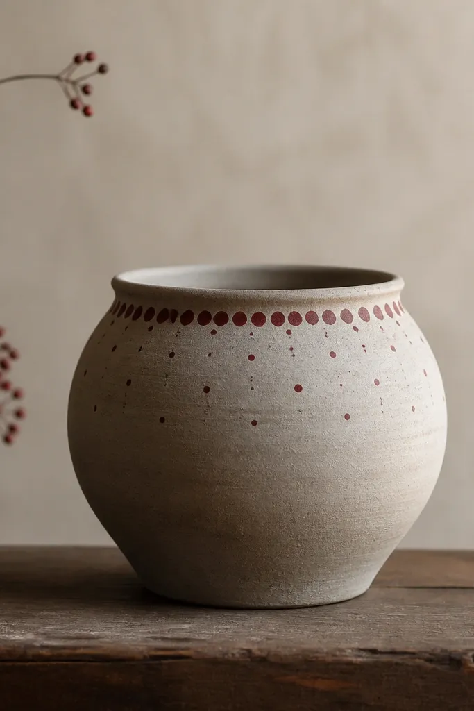 A muted clay pot with a ring of berry-red dots around the rim, plus a few scattered dots fading toward the midsection.
