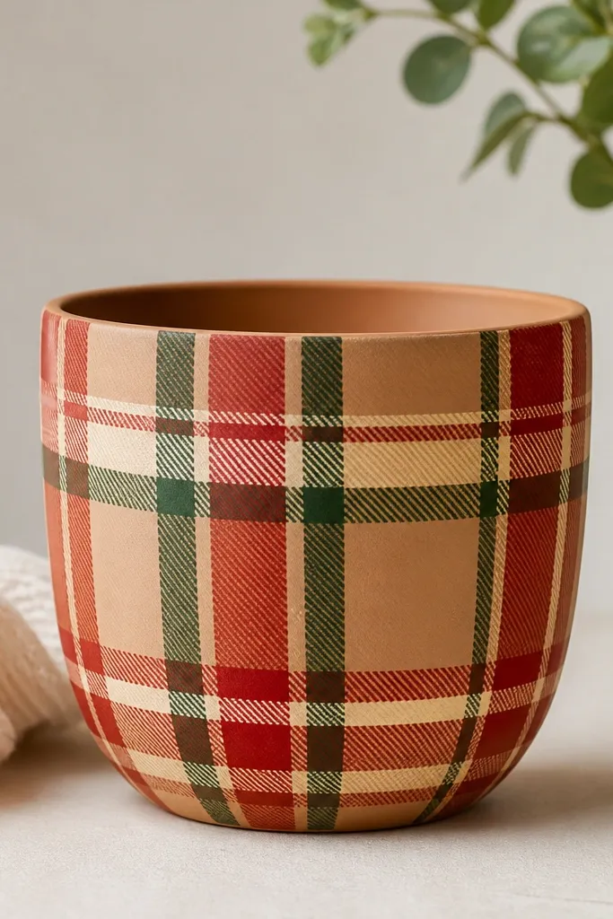 A tan pot painted with red, dark green, and cream plaid lines forming a wrapped scarf pattern.