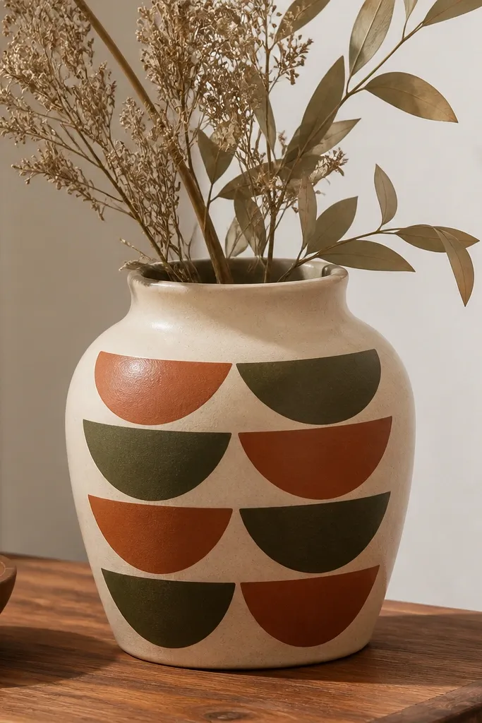A pot painted in warm beige with crisp half-moon shapes in terracotta and deep olive arranged in stacked rows.
