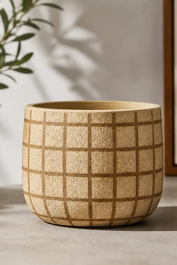 A beige pot with raised-looking waffle grid squares created by sponge stamping, finished with a darker brown grid outline.