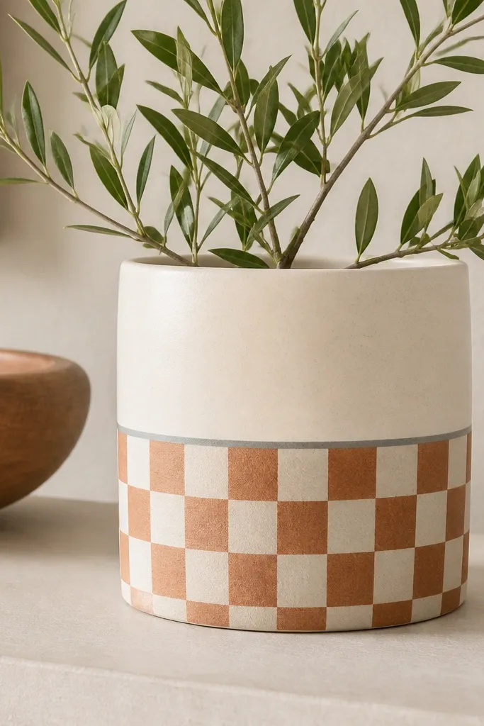 A cream pot with a lower third checker pattern in terracotta and soft gray, with a thin gray border line above the pattern.