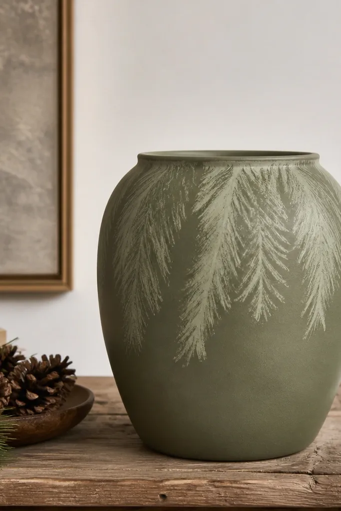 A muted green pot with lighter green dry-brushed streaks that resemble pine branches, concentrated near the upper half.