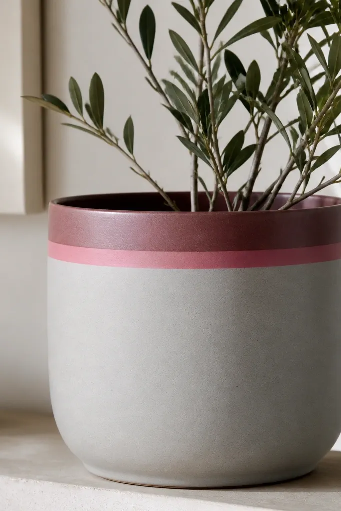 A light gray pot with a muted burgundy band at the top and a second narrow berry-pink band below it.