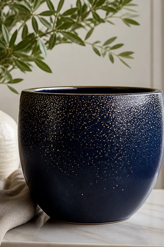 A deep navy pot with scattered tiny gold speckles concentrated near the top and fading downward.