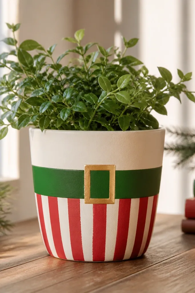 A cream pot with a painted "stocking" section: red-and-white stripes in the lower half, a green cuff near the middle, and a small gold buckle shape.