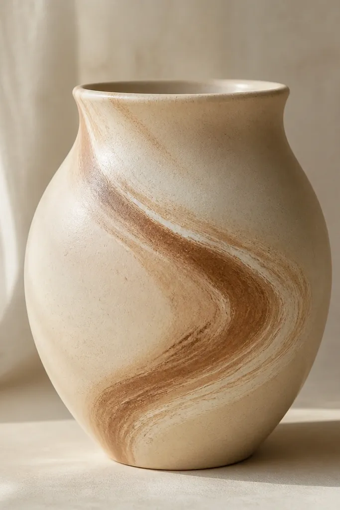 A warm beige pot with a soft cinnamon-brown swirl starting near the middle and curling upward, with lighter cream highlights on the swirl edges.