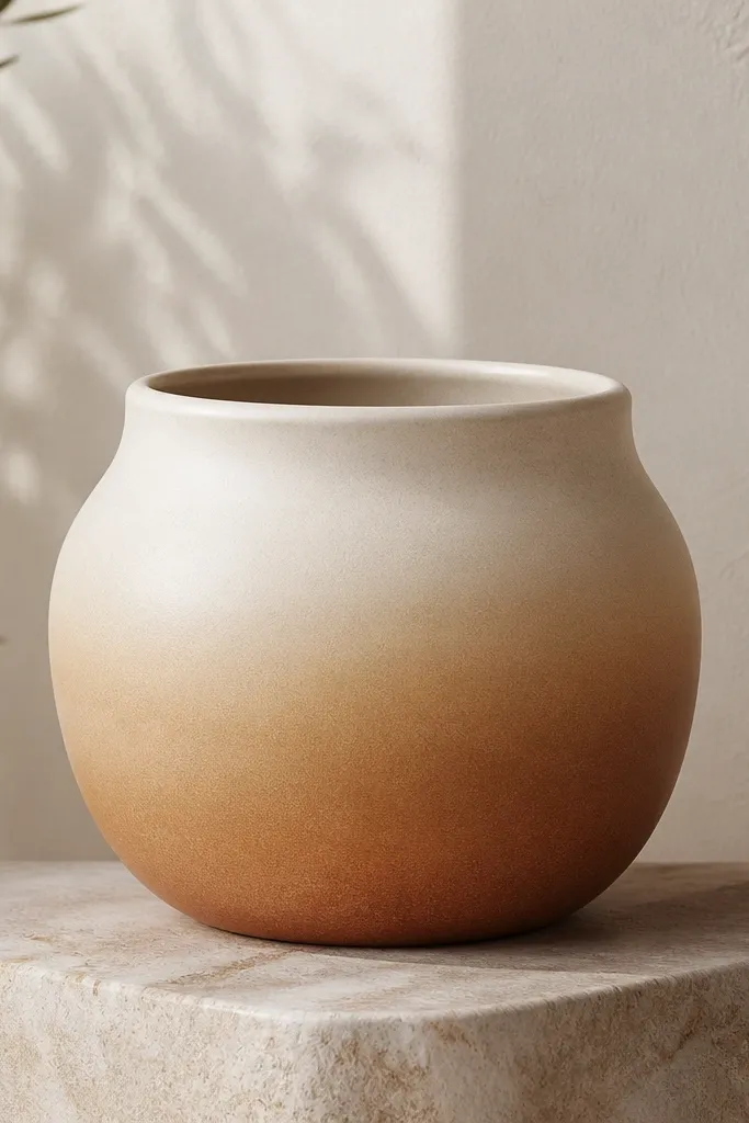 A pot with a smooth gradient from warm cream at the top to toffee brown at the bottom.