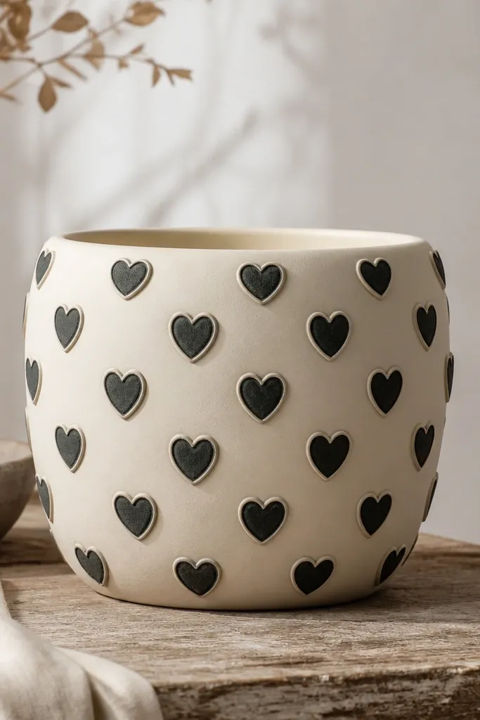 A cream pot covered with small charcoal hearts, each heart outlined lightly in cream so the hearts look layered.