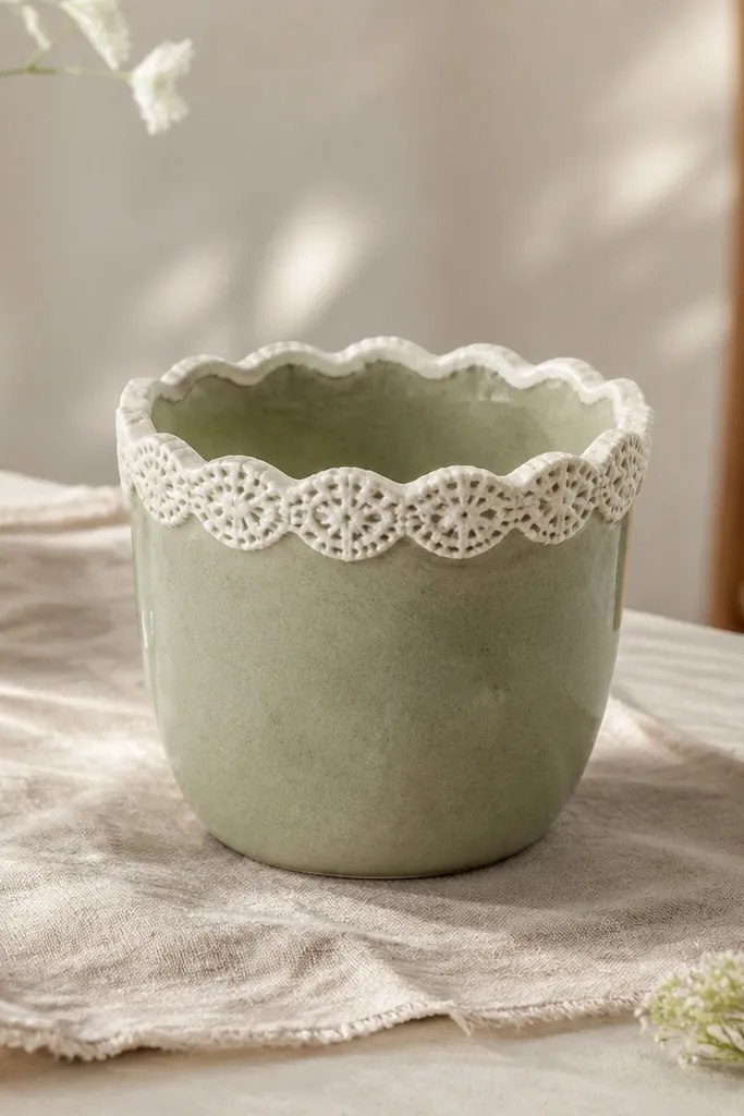 A sage green pot with a sea-salt white scalloped edge around the top, like a crocheted border.