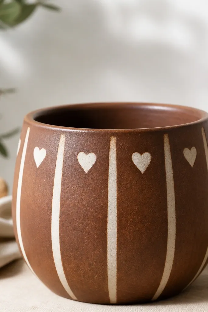A brown pot with vertical cream stripes and small heart icons painted between stripes near the top.