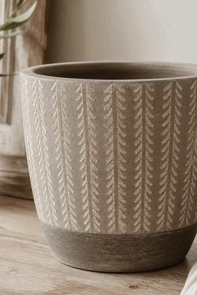 A taupe pot with repeating raised-looking knit lines created by sponge stamping, with a darker taupe band near the bottom.