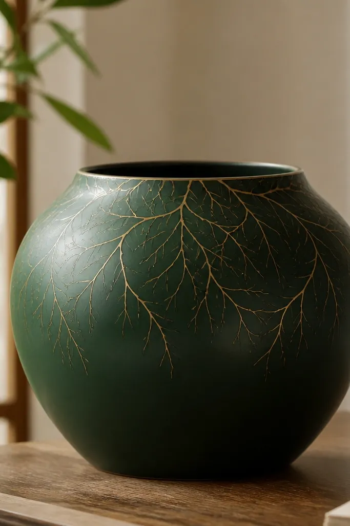 A deep forest green pot with thin gold lines branching like leaf veins, concentrated mostly on the upper half.