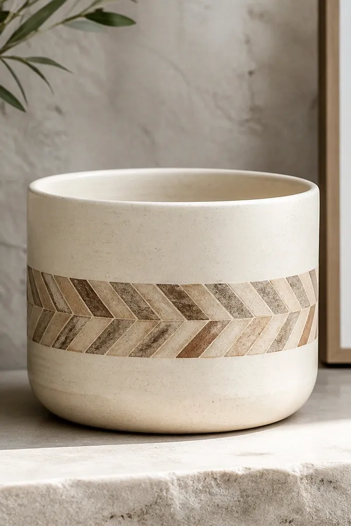 A cream pot with a single herringbone band around the middle made of tan and muted brown chevrons.