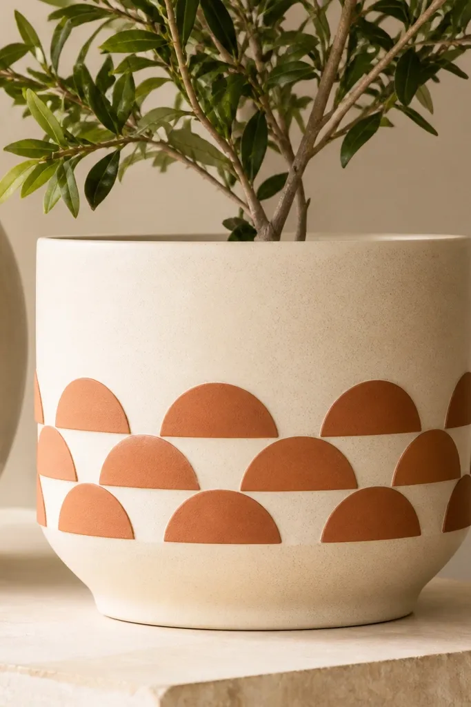 A cream pot with stacked terracotta half-arches forming a step pattern along the middle band.