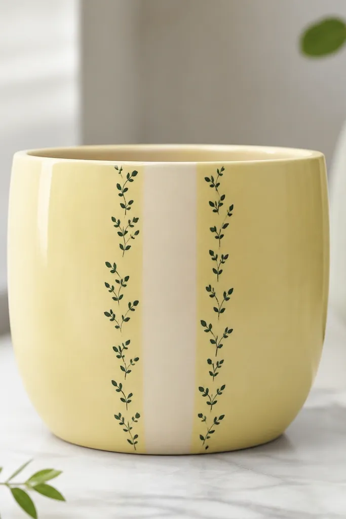 A pale yellow pot with dark green tiny sprig leaves on both sides of a thin cream vertical stripe.