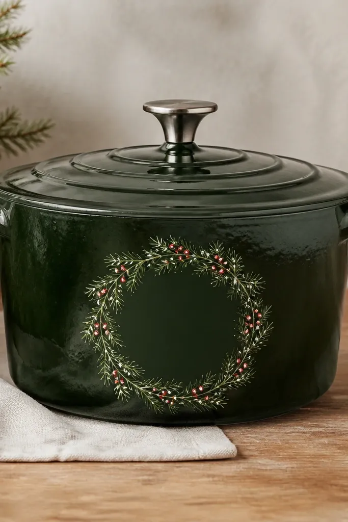 A deep green pot with a circular wreath painted around the center, made from tiny pine-needle dabs and a red berry dot cluster.