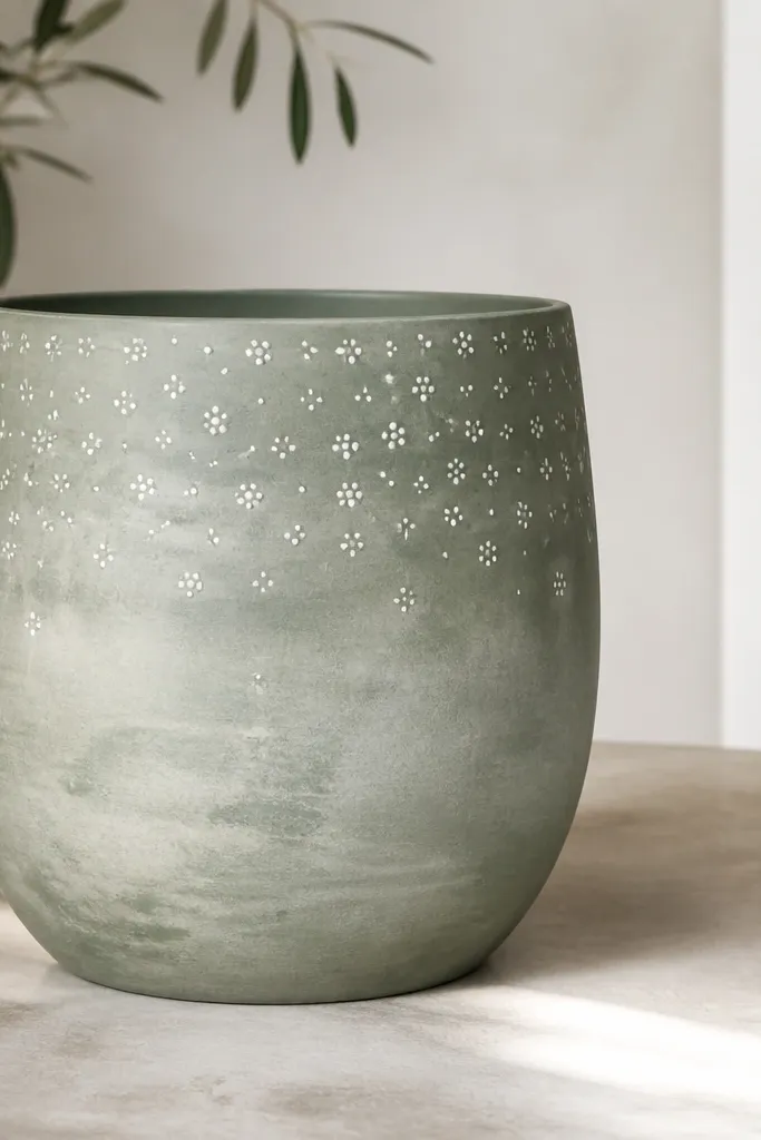 A sage-green pot with a slightly translucent white wash effect and scattered tiny white dot clusters like stars near the top.
