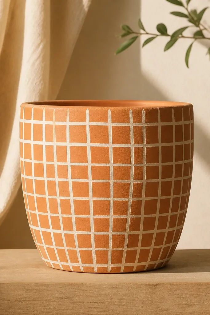 A terracotta pot with a white crosshatch pattern resembling fabric threads, with slightly uneven lines for a hand-painted feel.