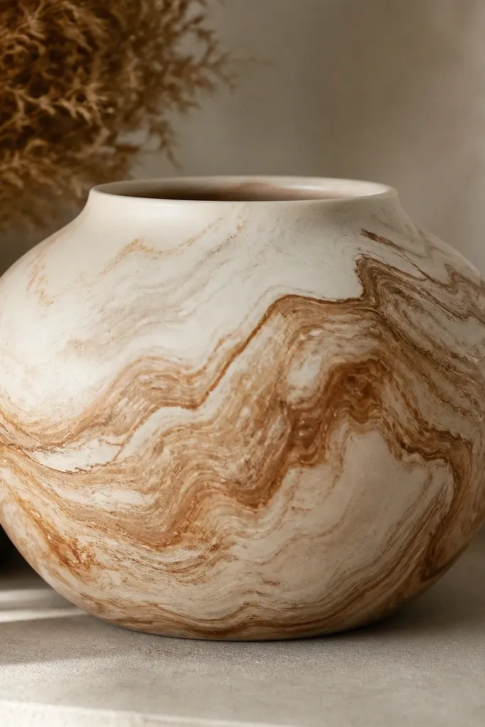A cream pot with warm brown and caramel marbled swirls that look like stone, with soft feathered edges.