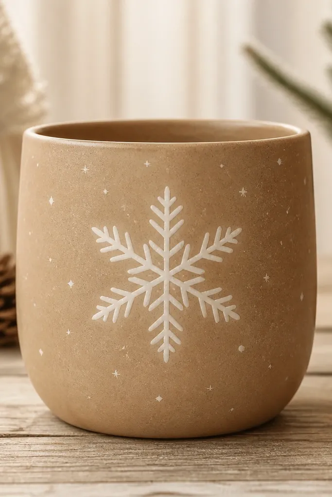 A warm tan pot with one large white snowflake centered, plus smaller faint specks around it.
