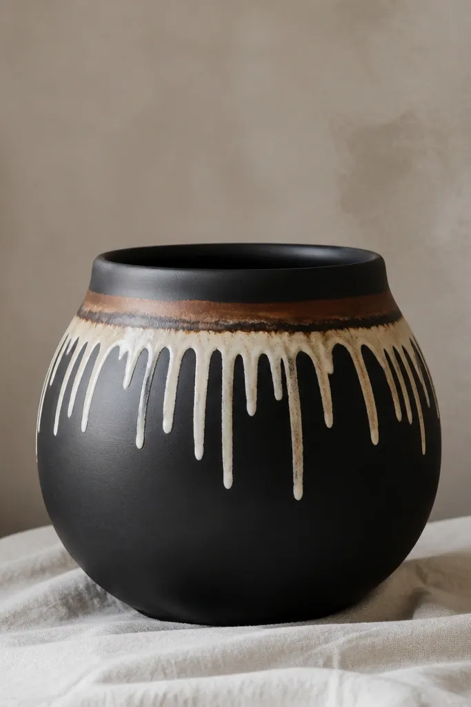 A matte black pot with cream paint drips hanging from a horizontal band, like melted cocoa, with a small cinnamon-brown accent near the top.