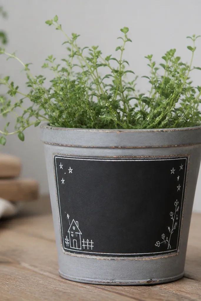 A gray pot with a rectangular chalkboard panel, white doodles like a tiny house and stars, and a slightly worn look on the edges.