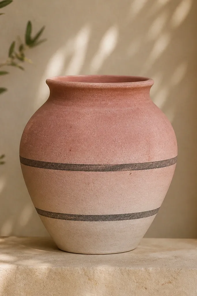 A dusty rose pot fading lighter toward the bottom, with two charcoal horizontal bands around the middle and lower third.