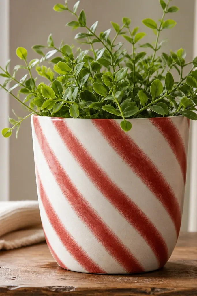 A white pot with diagonal red stripes, each stripe having a slightly feathered red edge for a cozy watercolor feel.