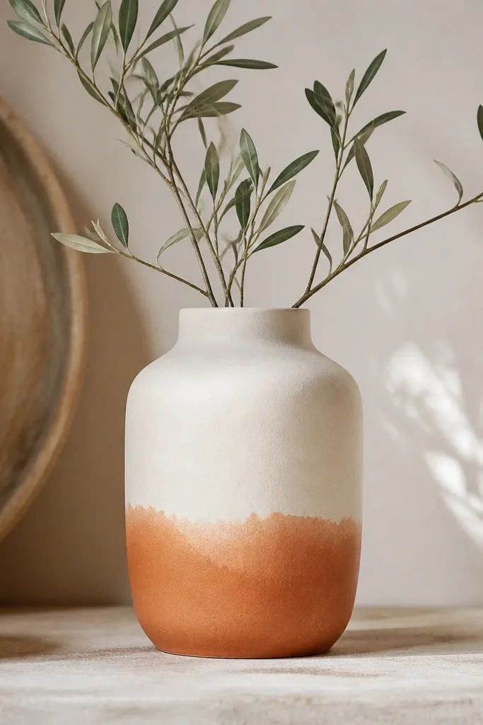 A warm white pot with the bottom third dipped in terracotta paint, with a soft uneven edge like a watercolor wash.