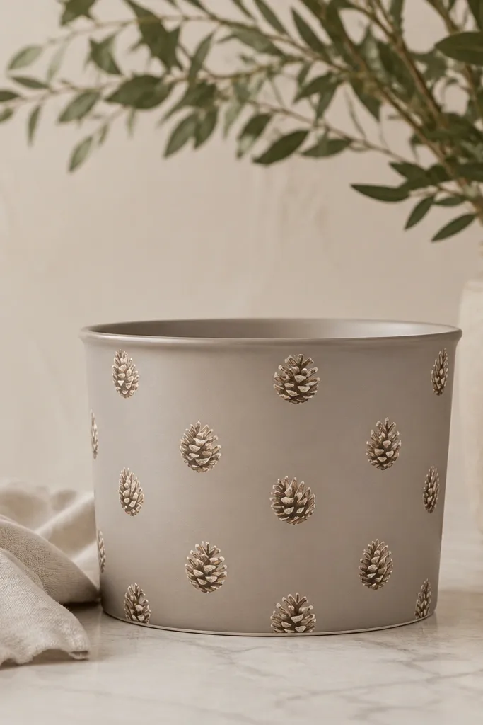 A light taupe pot with tiny painted pinecones scattered in a pattern, using umber shading and cream highlights.