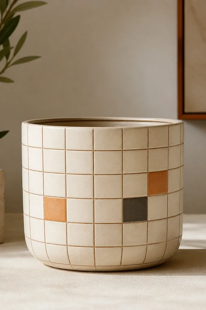 A cream pot with small square "tile" blocks outlined in brown, with two tiles painted light orange and one painted darker soot gray.