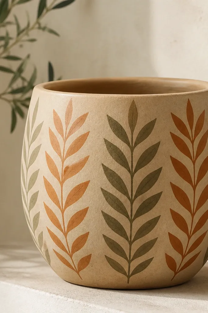 A tan pot with repeating leaf silhouettes in burnt orange and olive green, arranged in a vertical staggered pattern.