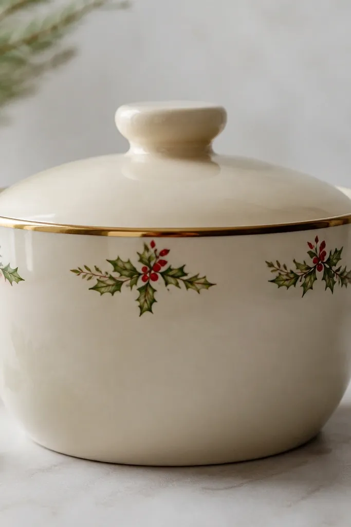 A cream pot with a satin gold rim line and small holly leaves with red berries painted near the top edges.