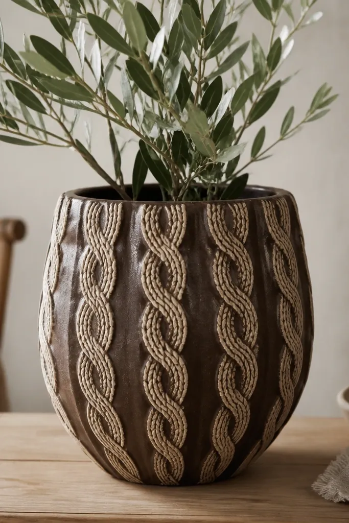 A dark brown pot with a cream cable knit pattern running vertically, with slight shadowing between the cables.