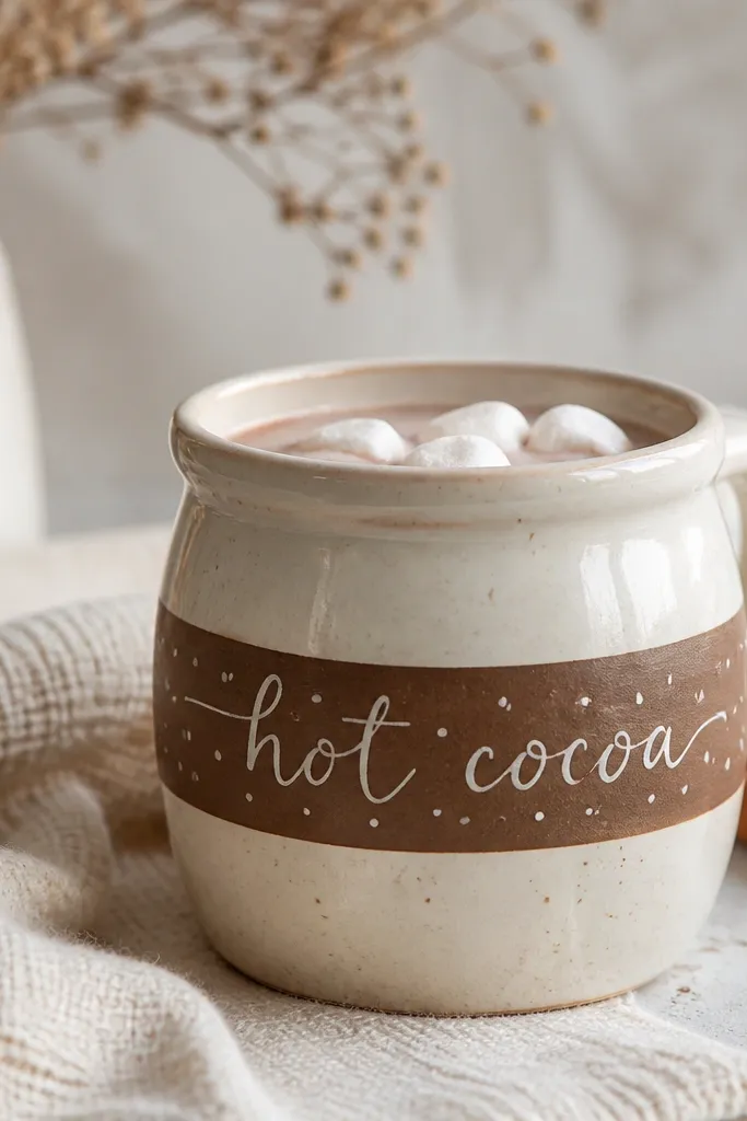 A cream pot with a brown label strip and cursive-style words painted like 'hot cocoa' with small dots around it.