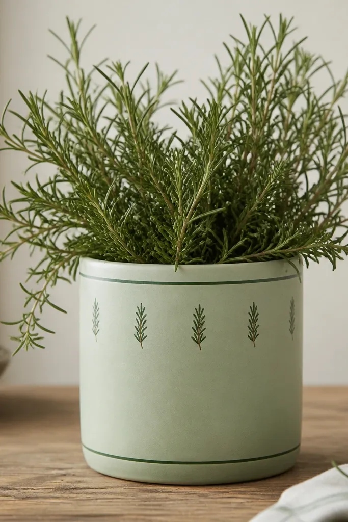 A muted sage pot with thin dark green border lines around the top and bottom and tiny rosemary sprigs between the lines.