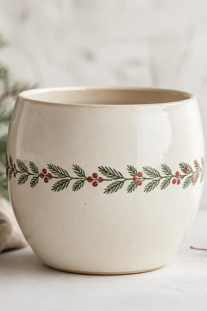 A pot with a horizontal wreath band around the middle: small evergreen leaf shapes and red berry dots, with a cream background.