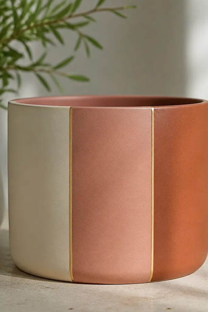 A pot with three vertical color blocks: warm cream, dusty rose, and terracotta brown, with crisp tape edges and a thin gold line between blocks.