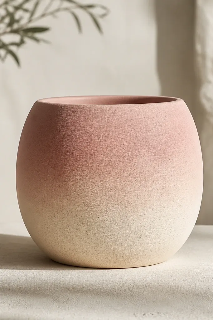 A pot with a dusty rose sponge gradient that fades into warm cream at the bottom, with soft edges and no hard lines.