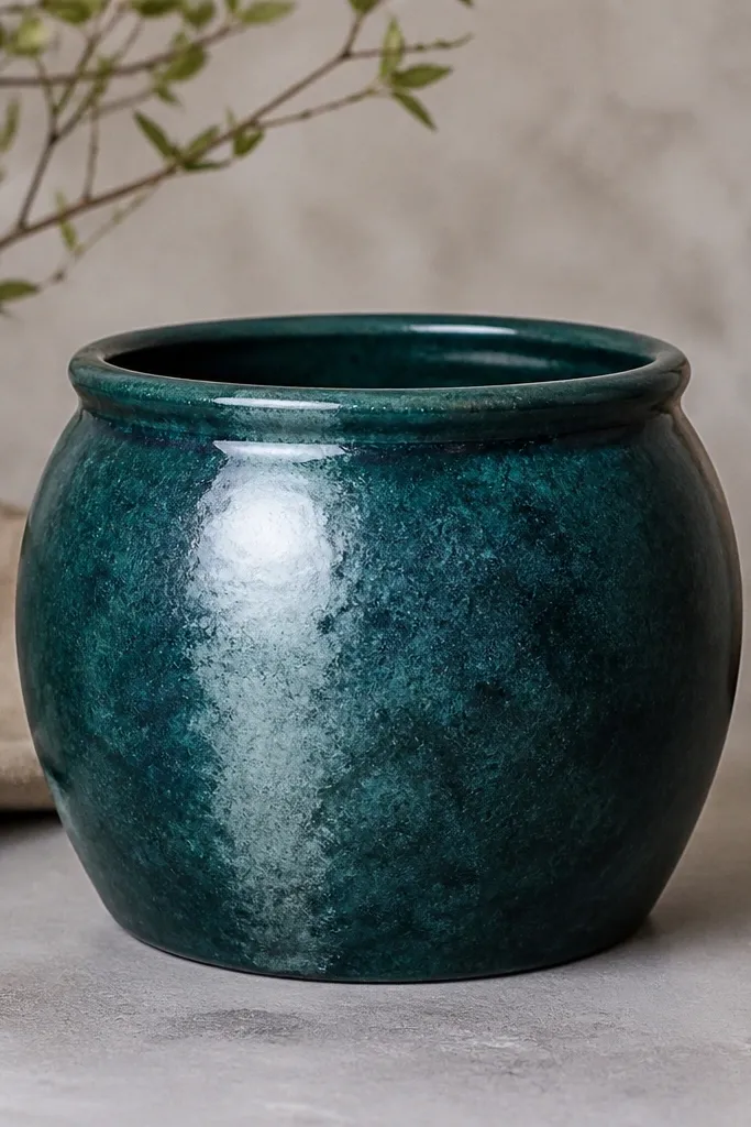 A deep teal pot with a semi-glazed look - a lighter teal highlight streak across the front and soft sponge texture around it.