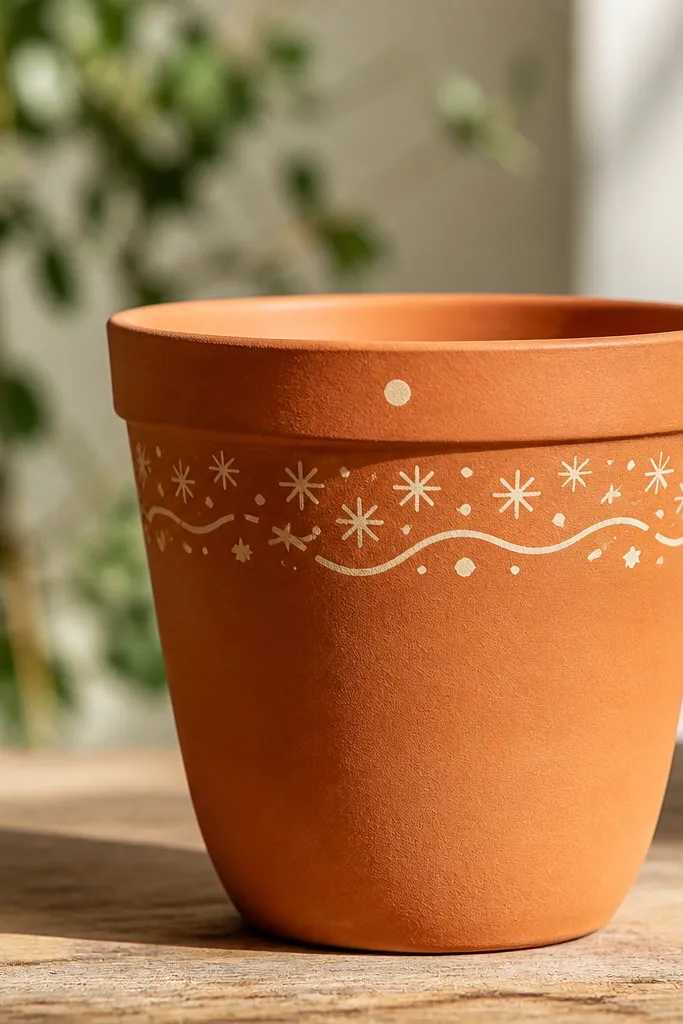 A terracotta pot with a cream doodle border around the upper third: tiny stars, dots, and curved lines, plus a simple cream dot near the rim.