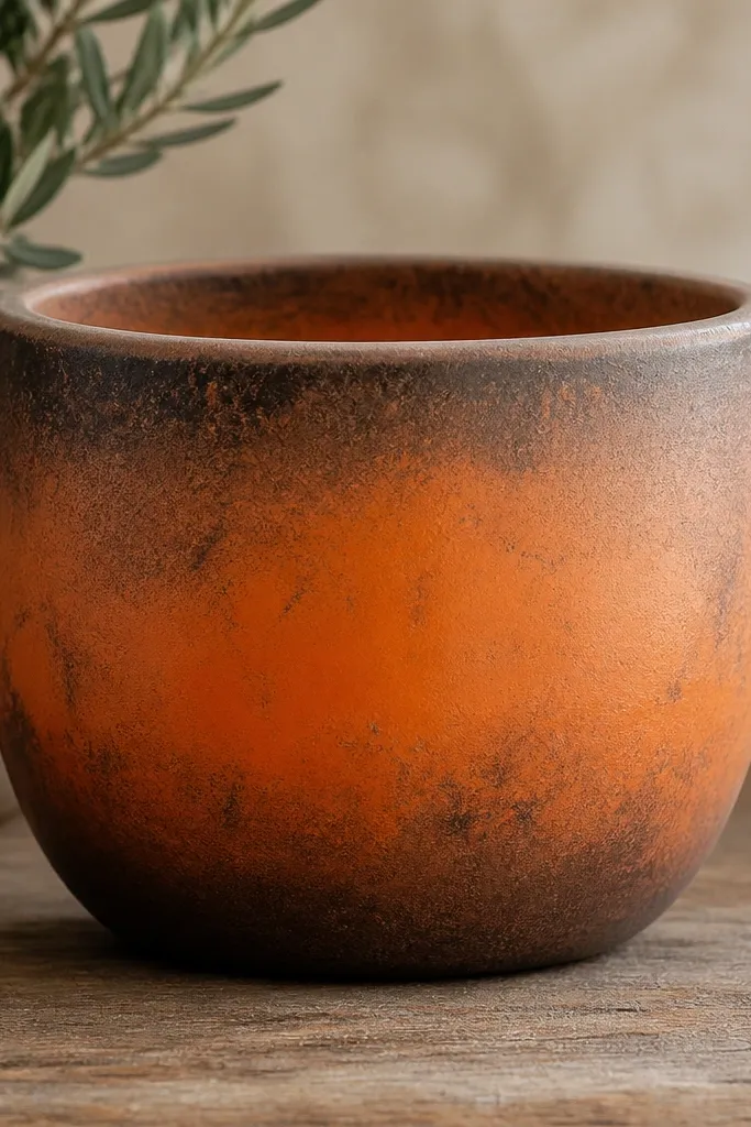 A pot that is orange in the center with darker burnt edges and a soft faded look around the sides.