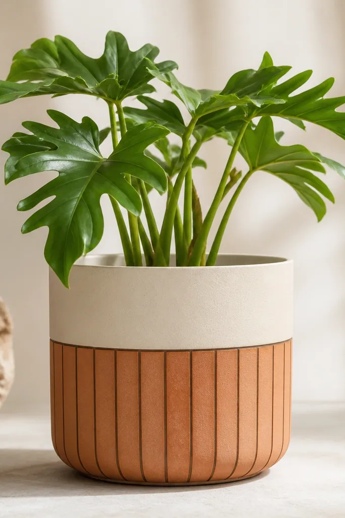 A cream pot with vertical terracotta "bricks" separated by thin darker lines, plus a subtle shadow line at the top of the brick section.