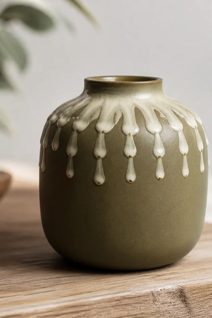 An olive pot with several cream wax-cap shapes on the upper half, like drips that stop and stack, with tiny golden dots near the caps.
