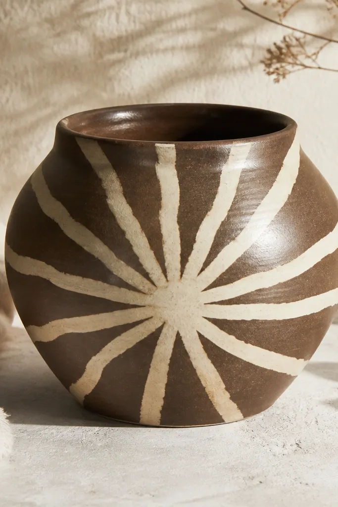 A cocoa-brown pot with a warm cream starburst radiating from the center, with uneven hand-painted rays.