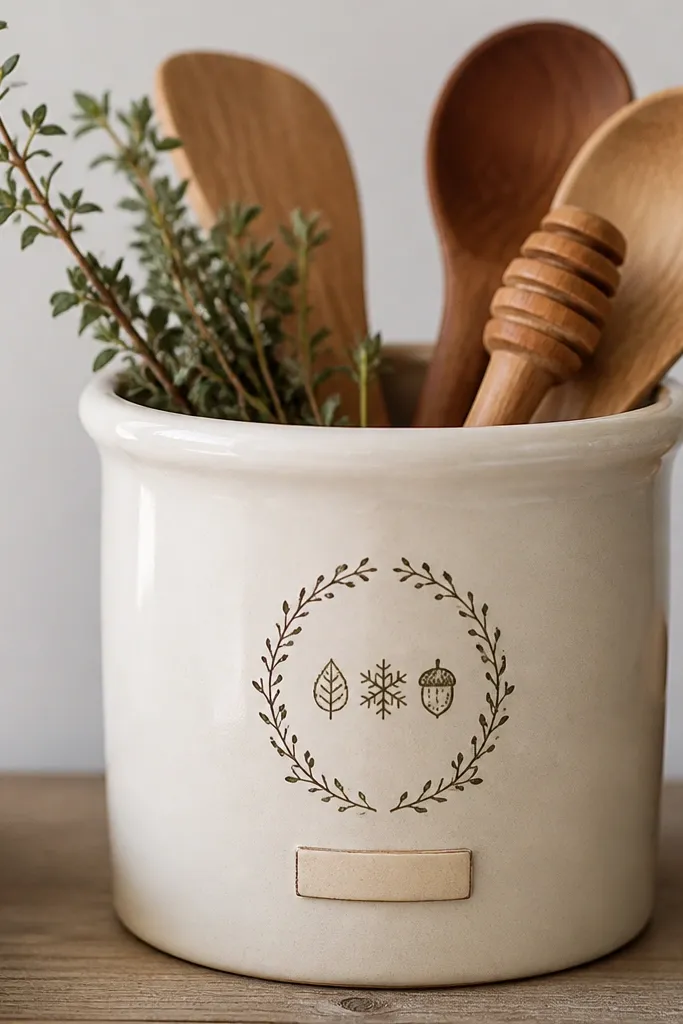 A cream pot with a small wreath circle in green and a mini label strip below it, filled with tiny icons like a leaf, snowflake, and acorn.
