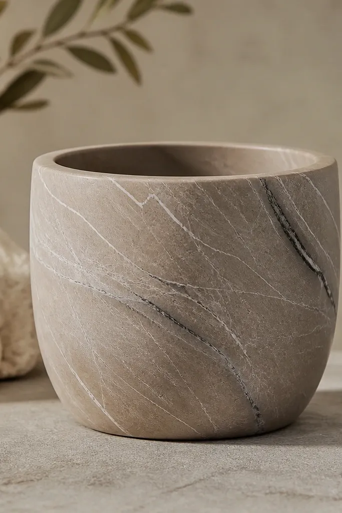 A warm taupe pot with thin white and light gray veining that runs in curved lines like marble, with a couple of darker accents.