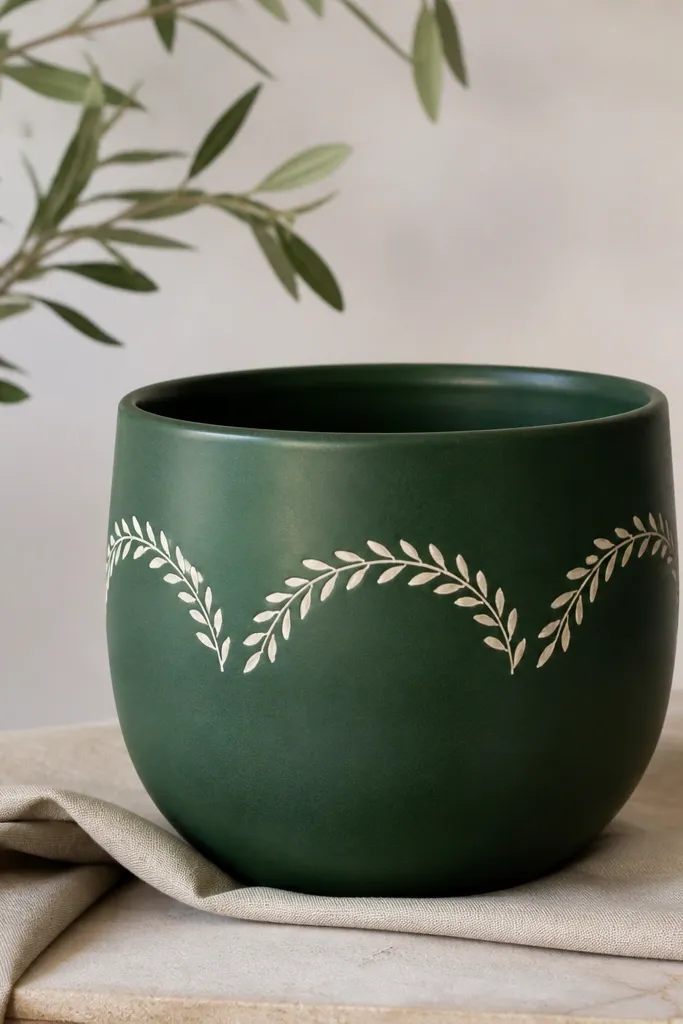 A deep green pot with cream laurel leaves drawn in a soft arch pattern around the midsection.